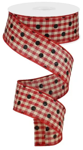 1.5"x10yd Polka Dot Gingham, Red/Cream/Black  S33