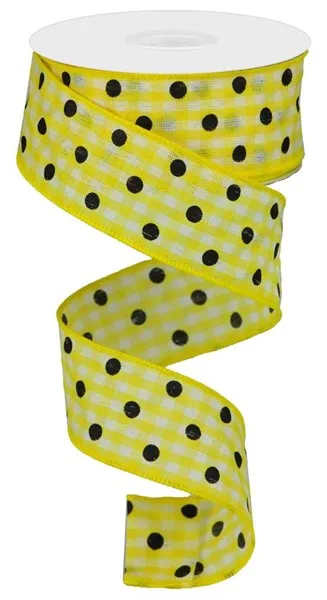 1.5"x10yd Polka Dot Gingham, Yellow/White/Black  M20