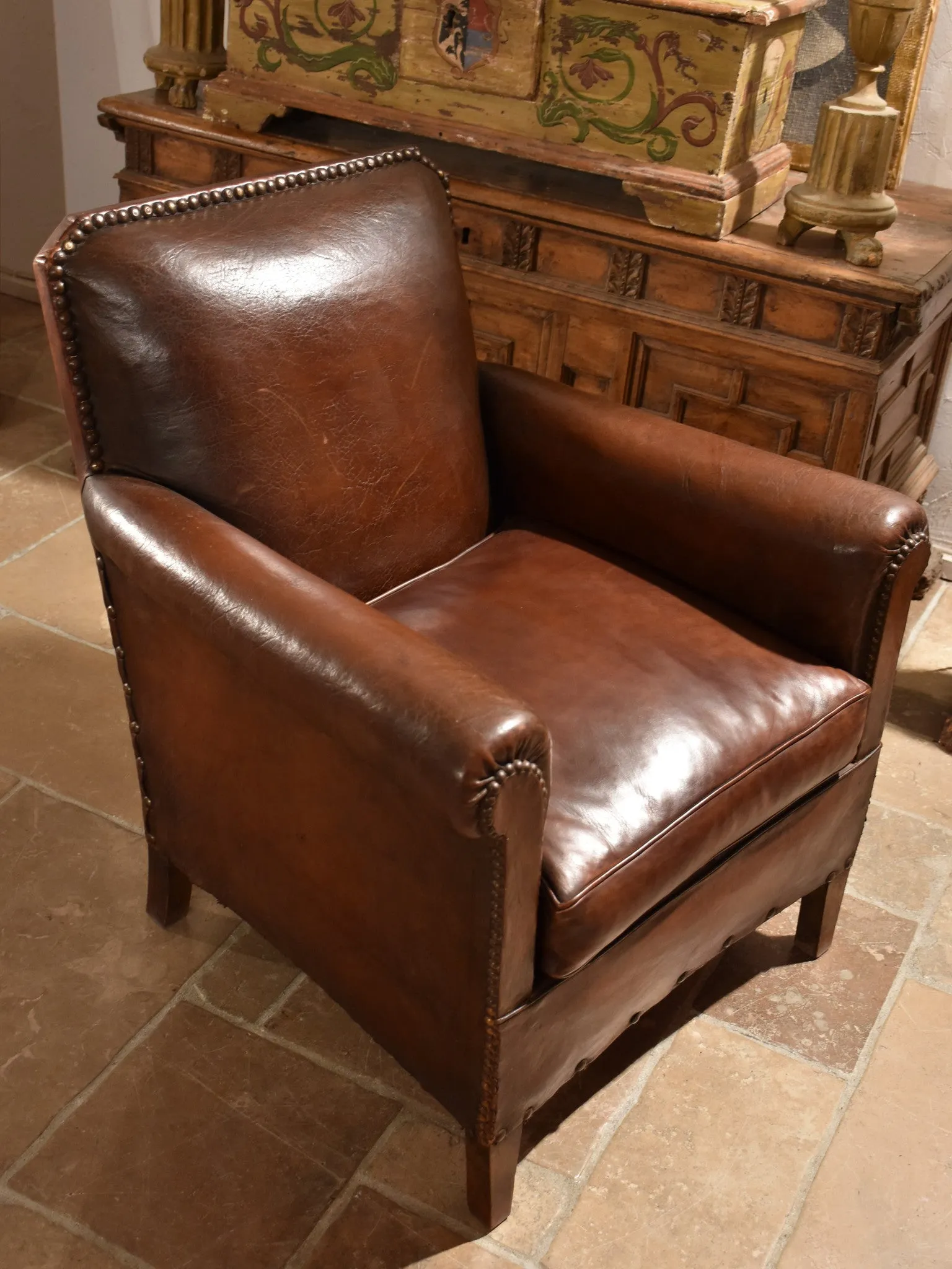 1940’s French leather club chair – square