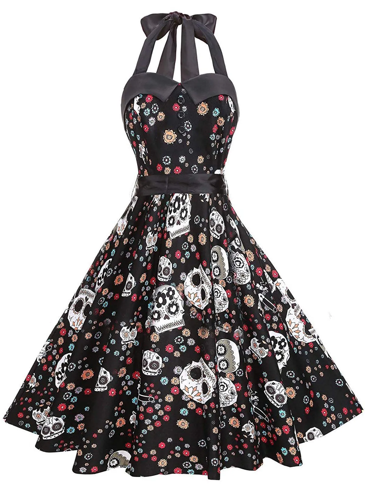 1950s Halloween Floral Skull Dress