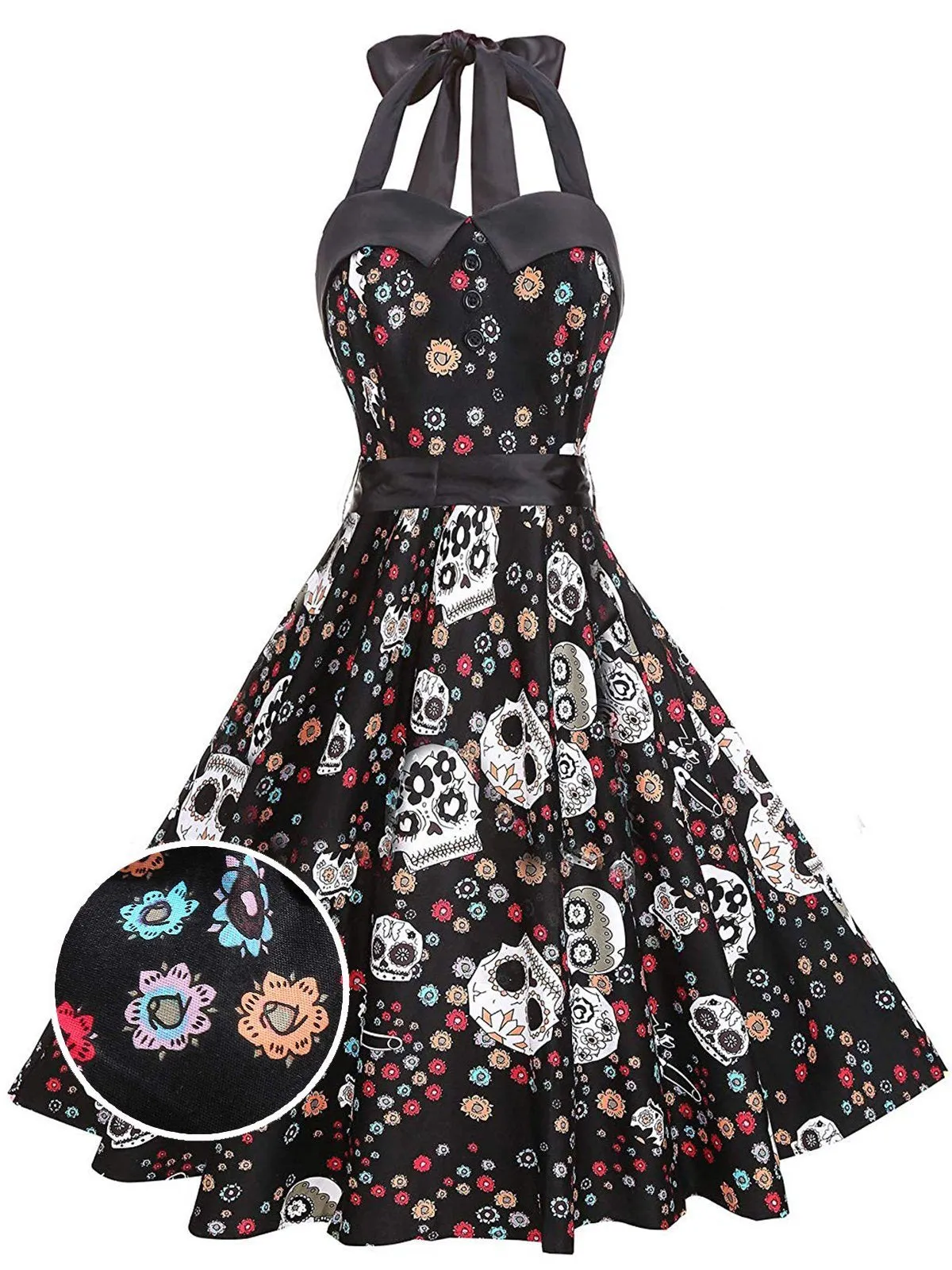 1950s Halloween Floral Skull Dress
