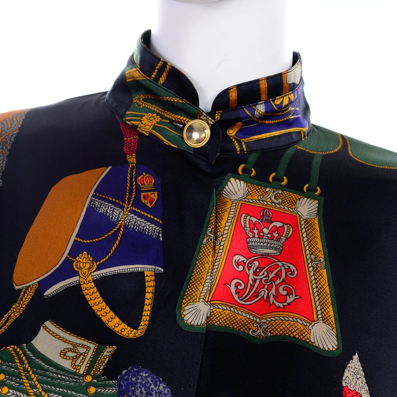 1980s Vintage Escada Blouse Soldier Costume Novelty Print Silk by Margaretha Ley