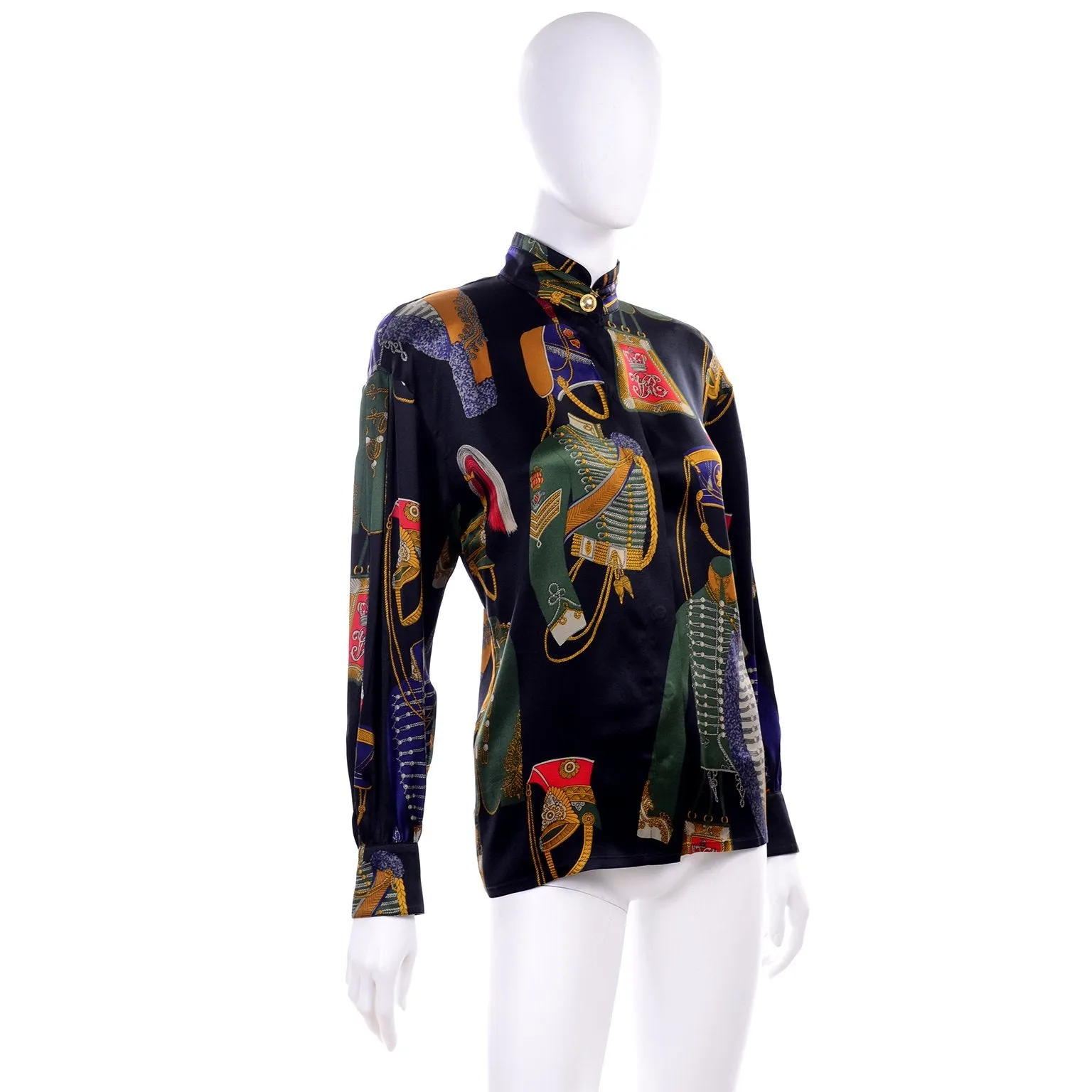 1980s Vintage Escada Blouse Soldier Costume Novelty Print Silk by Margaretha Ley
