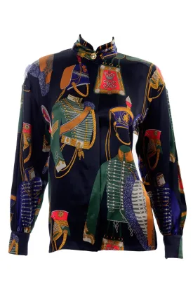 1980s Vintage Escada Blouse Soldier Costume Novelty Print Silk by Margaretha Ley