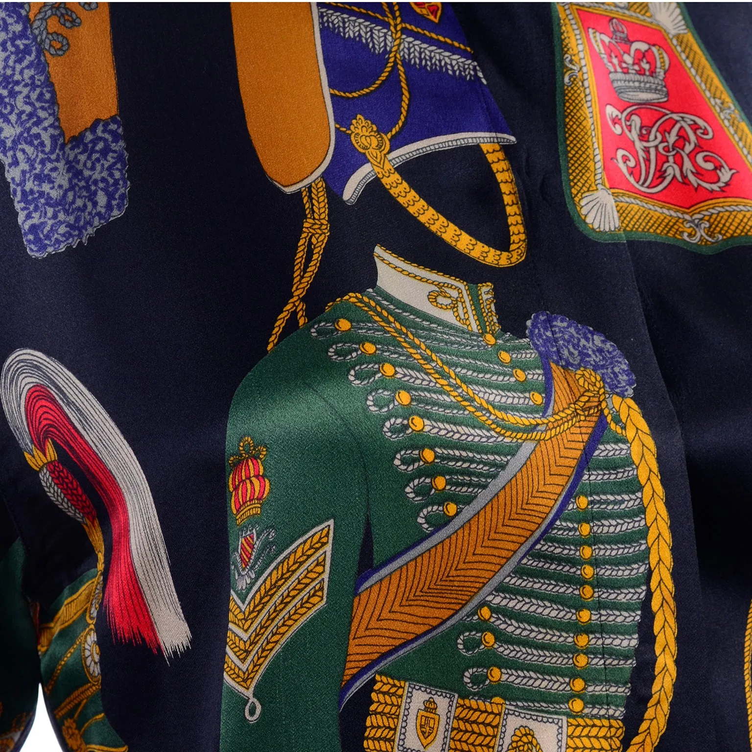1980s Vintage Escada Blouse Soldier Costume Novelty Print Silk by Margaretha Ley