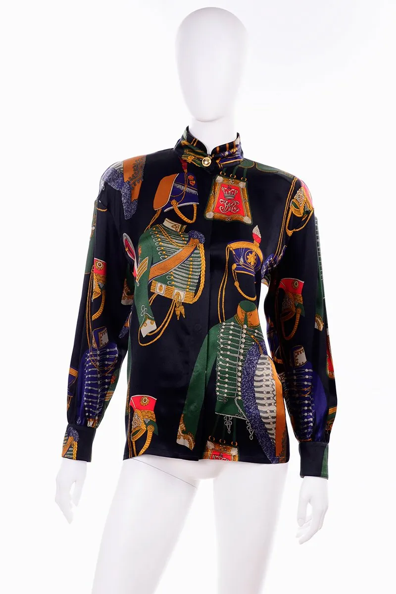 1980s Vintage Escada Blouse Soldier Costume Novelty Print Silk by Margaretha Ley