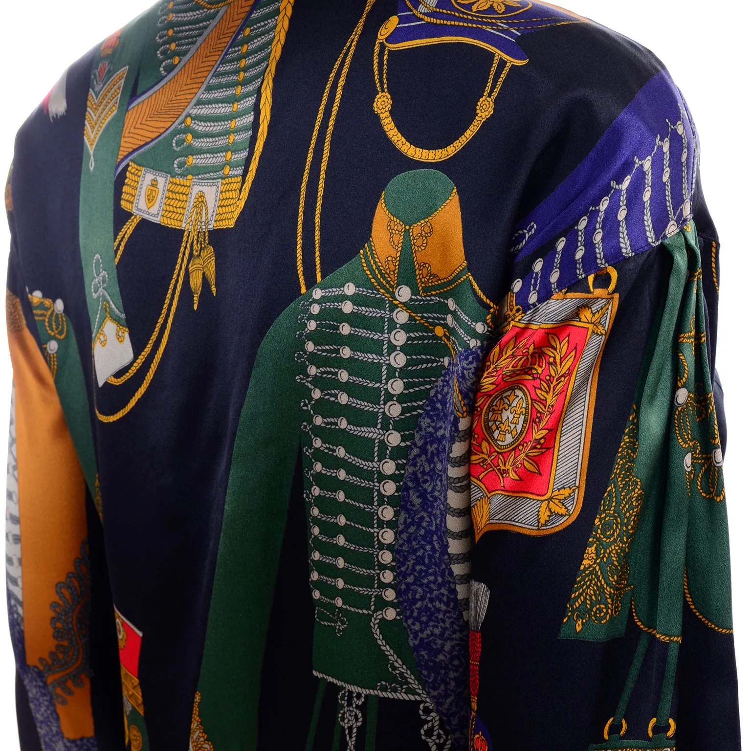 1980s Vintage Escada Blouse Soldier Costume Novelty Print Silk by Margaretha Ley