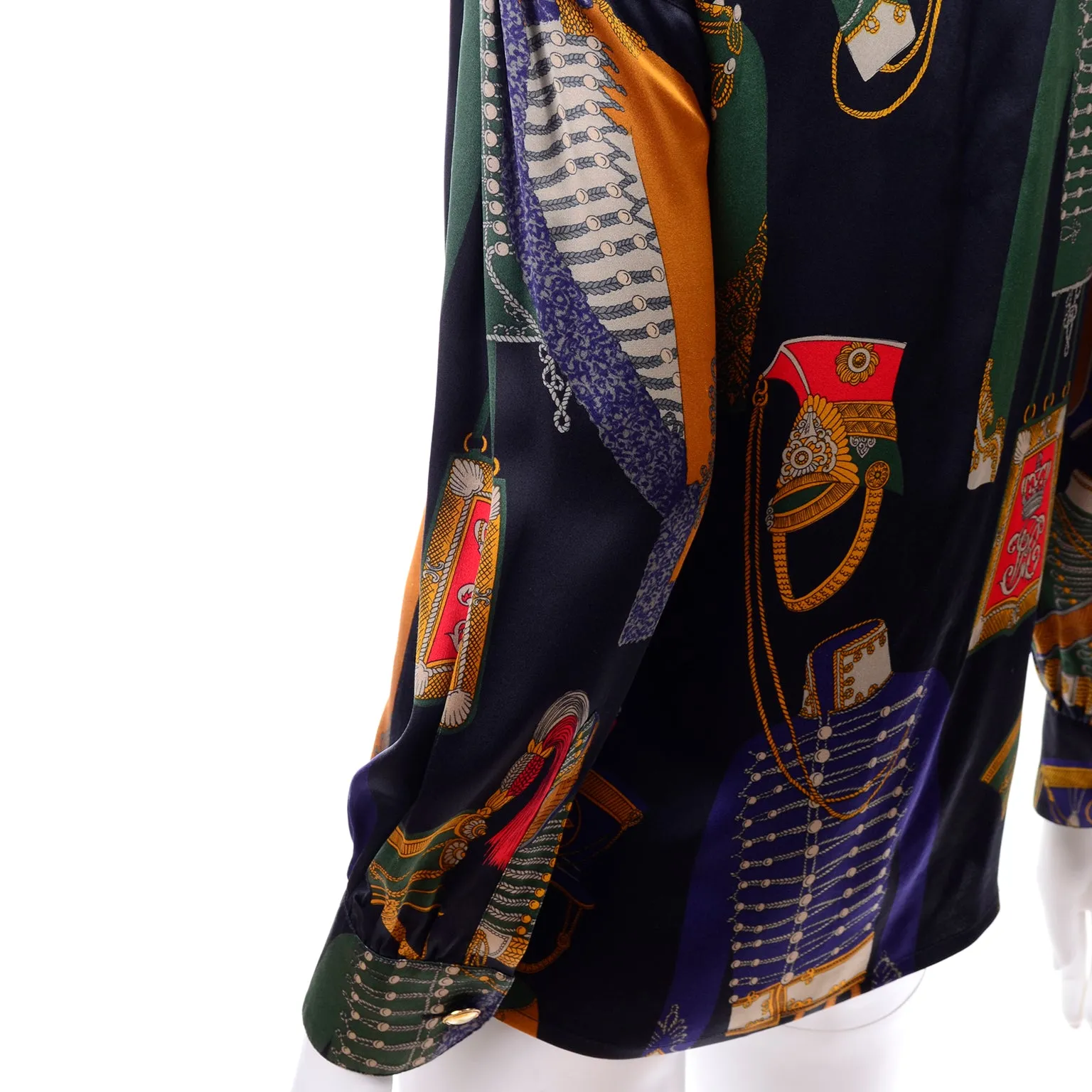 1980s Vintage Escada Blouse Soldier Costume Novelty Print Silk by Margaretha Ley