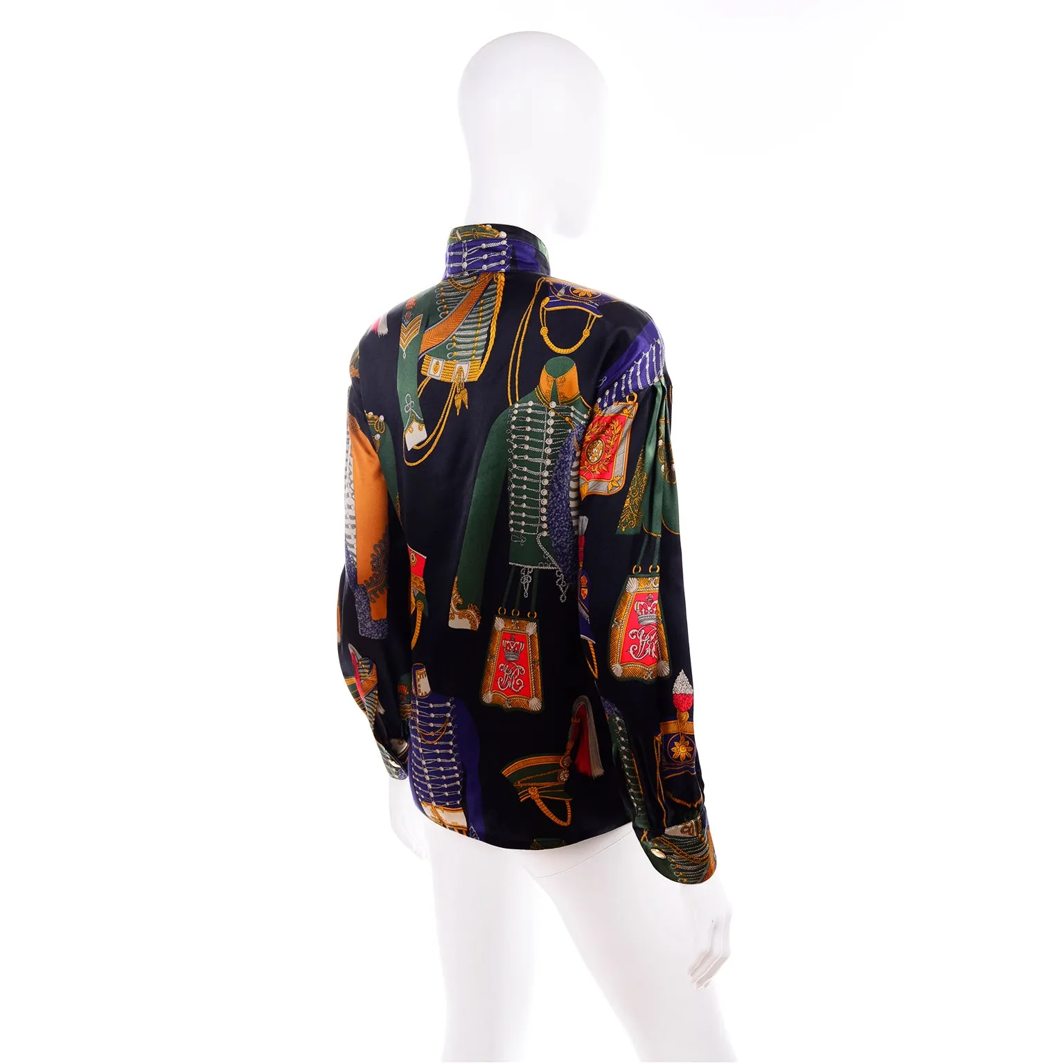 1980s Vintage Escada Blouse Soldier Costume Novelty Print Silk by Margaretha Ley