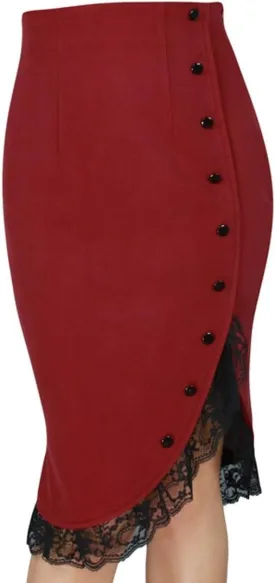 (22, 24 or 26) Lacey Tulips - Red 40s 50s Retro Ruffle Lacey Solid Wiggle Pencil Skirt