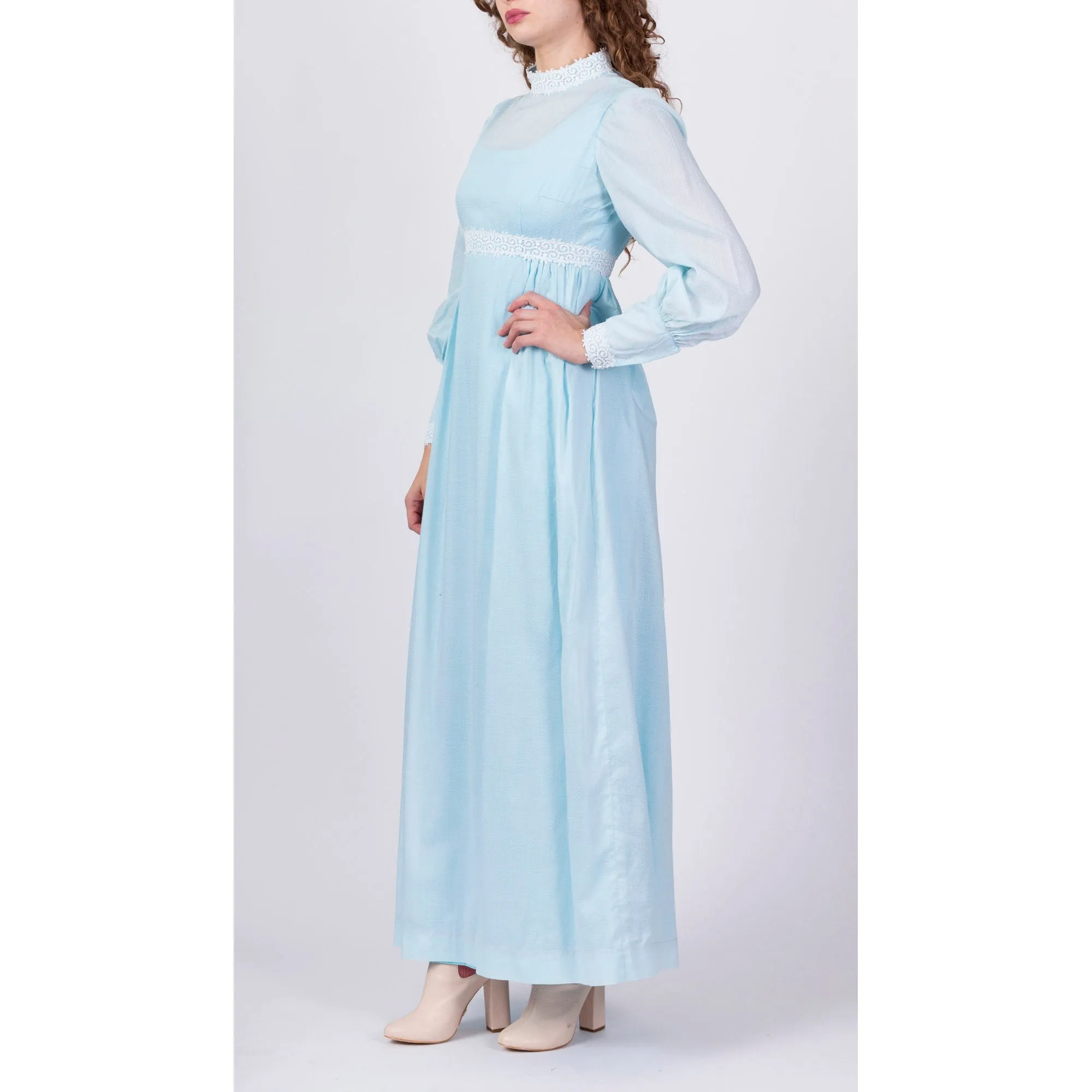 60s Swiss Dot Boho Prairie Maxi Dress - Small