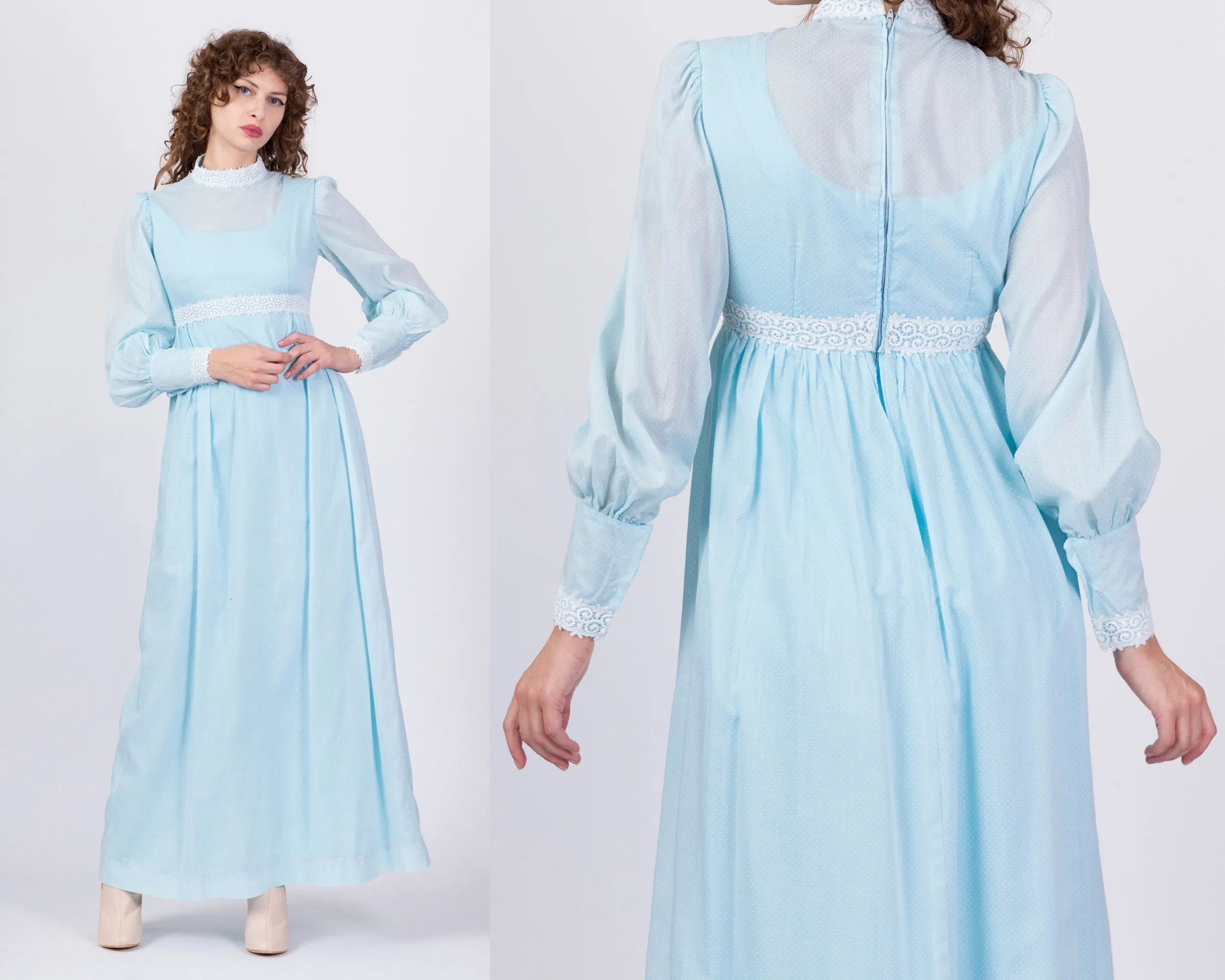 60s Swiss Dot Boho Prairie Maxi Dress - Small