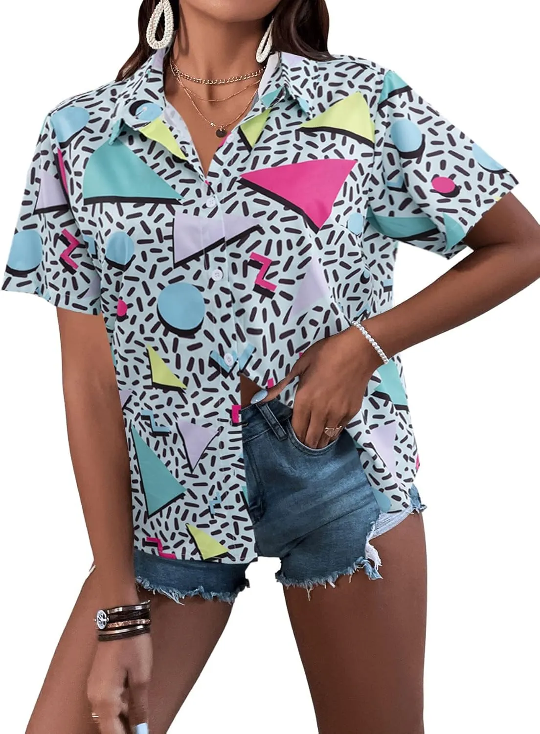 80s 90s Outfits for Women Retro Theme Party Disco Shirt 80s Hawaiian Shirt Neon Button Down Short Sleeve Blouse Tops