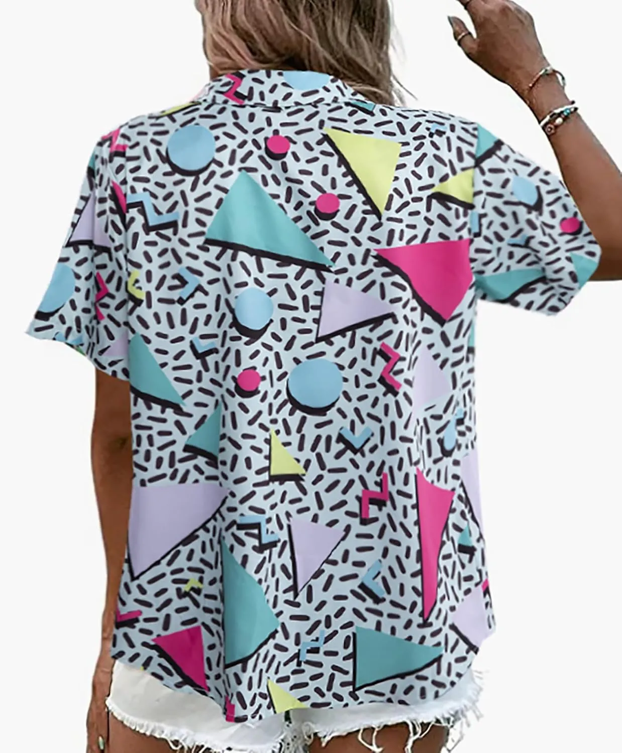 80s 90s Outfits for Women Retro Theme Party Disco Shirt 80s Hawaiian Shirt Neon Button Down Short Sleeve Blouse Tops