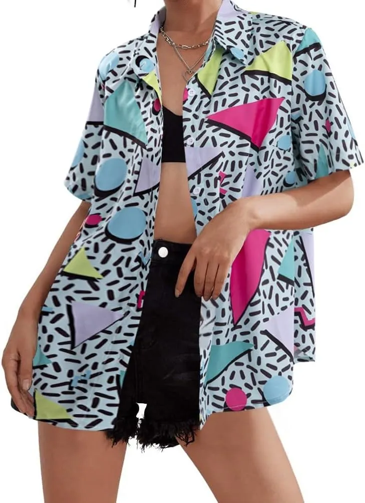 80s 90s Outfits for Women Retro Theme Party Disco Shirt 80s Hawaiian Shirt Neon Button Down Short Sleeve Blouse Tops