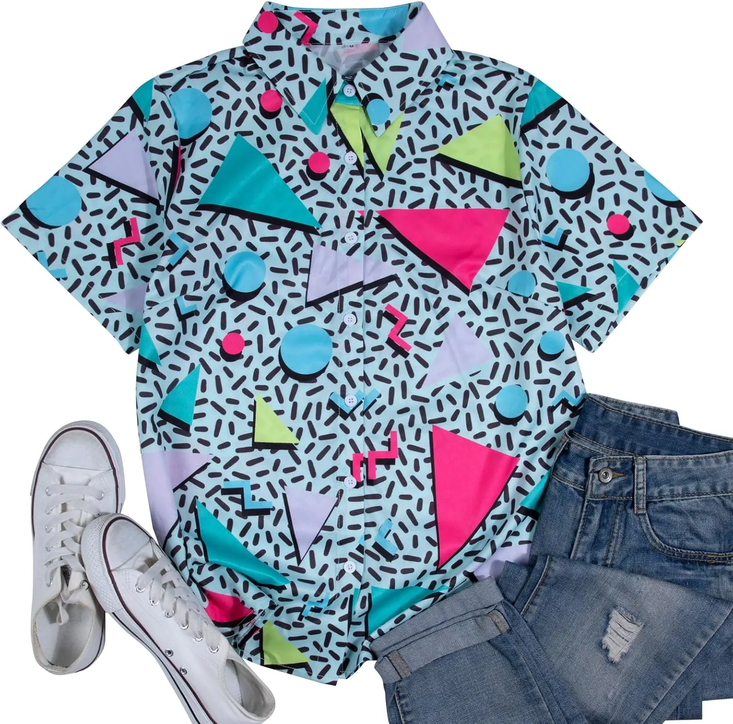 80s 90s Outfits for Women Retro Theme Party Disco Shirt 80s Hawaiian Shirt Neon Button Down Short Sleeve Blouse Tops