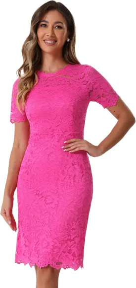 Allegra K Women's Elegant Floral Lace Dress Crew Neck Short Sleeve Cocktail Party Dresses