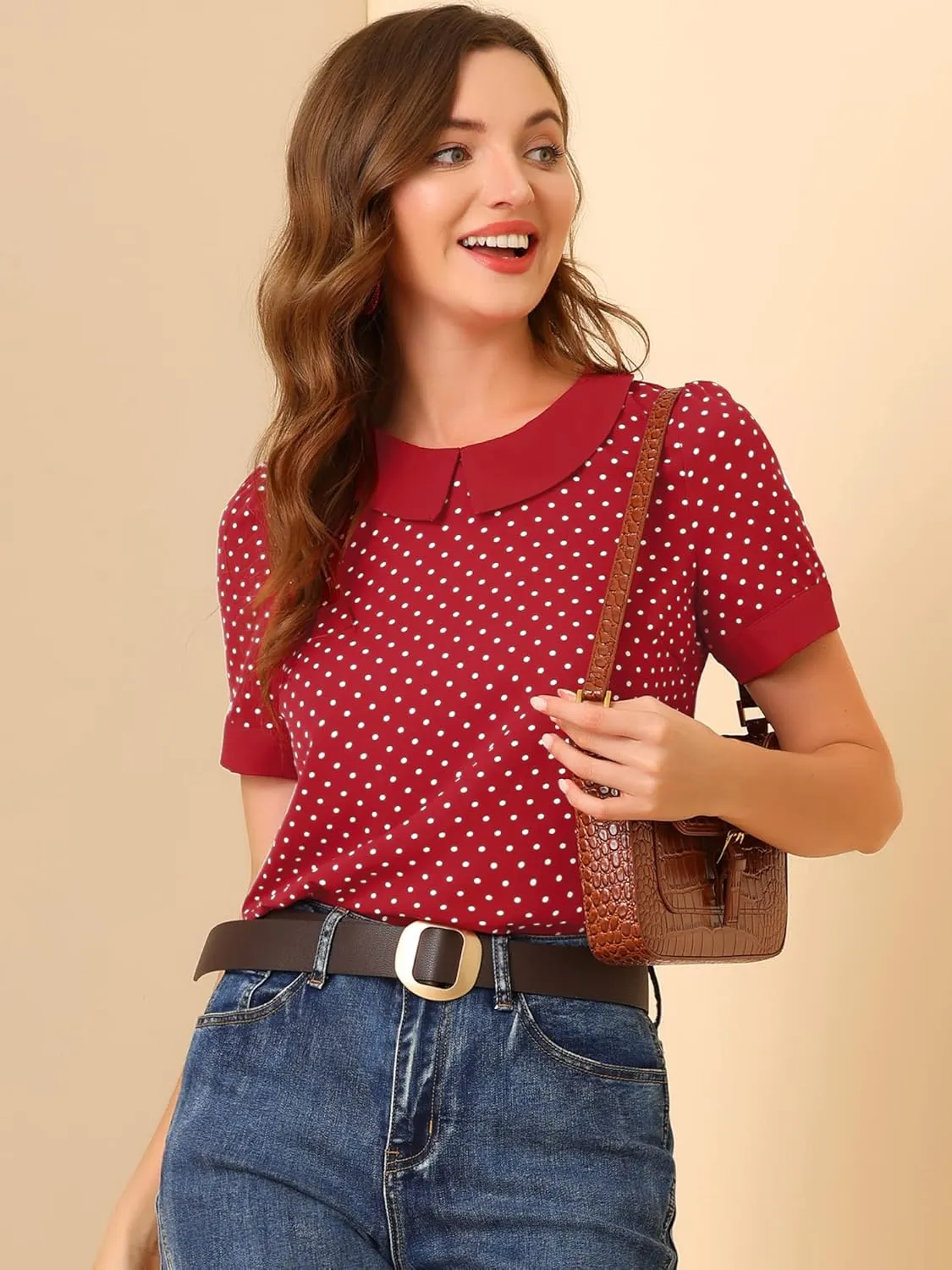 Allegra K Women's Peter Pan Collar Shirt Vintage 1950s Polka Dots Blouse