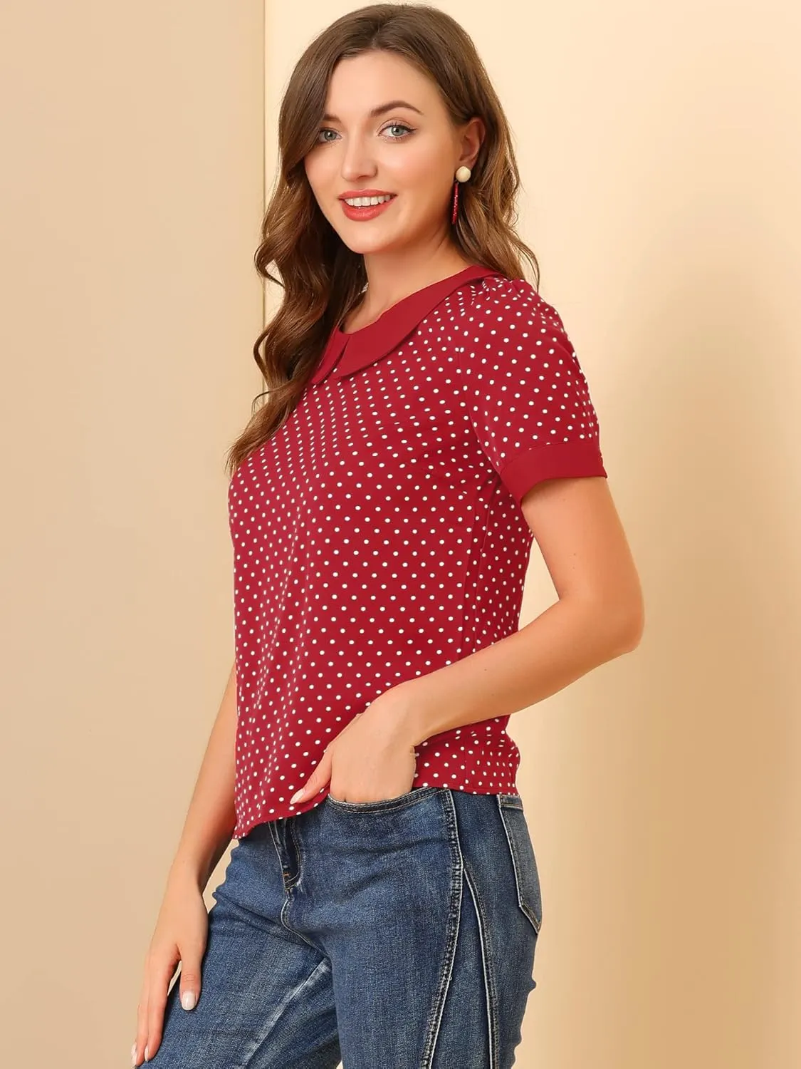 Allegra K Women's Peter Pan Collar Shirt Vintage 1950s Polka Dots Blouse
