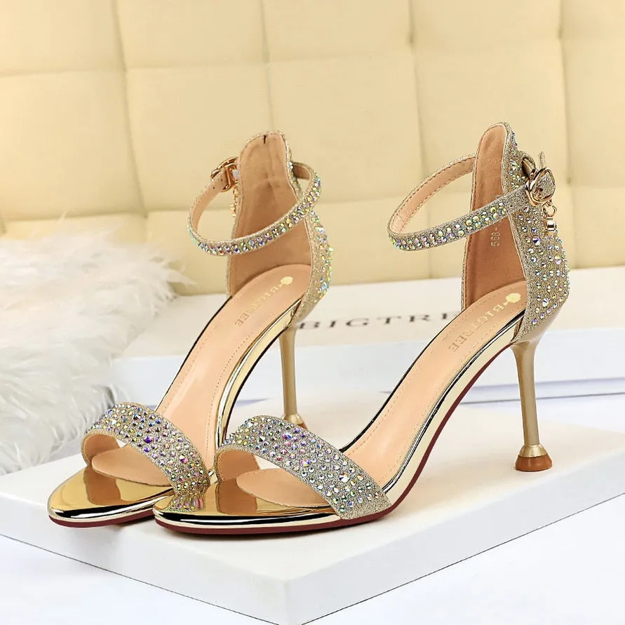 Amozae-   2024 Crystal Women 8.5cm High Heels Fetish Glitter Sandals Gladiator Summer Shoes Lady Open Toe Platform Shiny Nightclub Sandles
