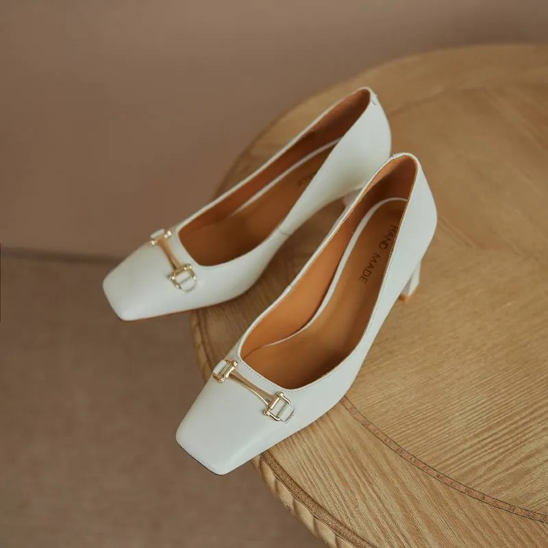 Amozae-Back to College Krazing pot brand full grain leather slip on square toe high heels basic clothing sweety metal fasteners women shallow pumps L23