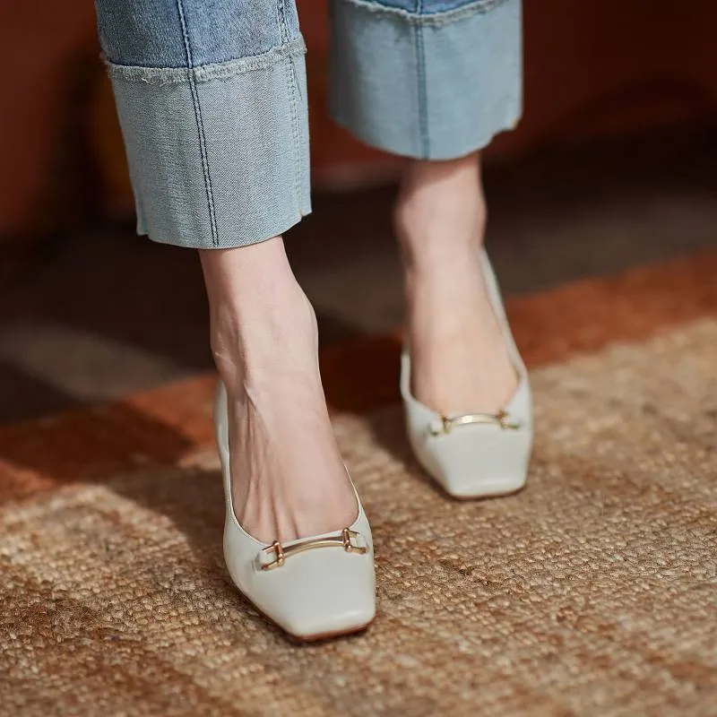 Amozae-Back to College Krazing pot brand full grain leather slip on square toe high heels basic clothing sweety metal fasteners women shallow pumps L23