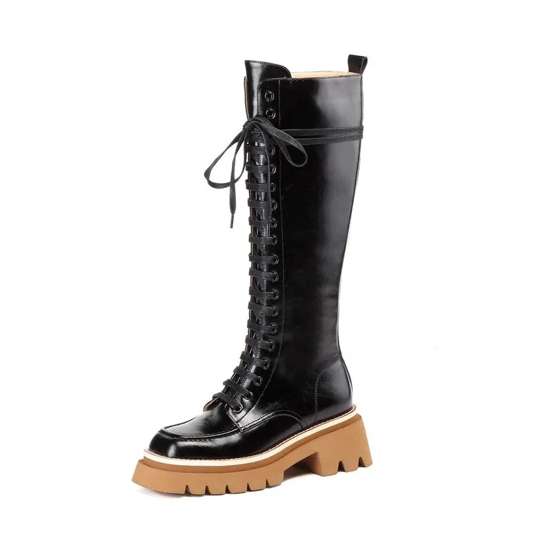 Amozae-Back to College krazing pot cow leather square toe high heels platform Motorcycle boots punk style cross-tied young lady thigh high boots L28