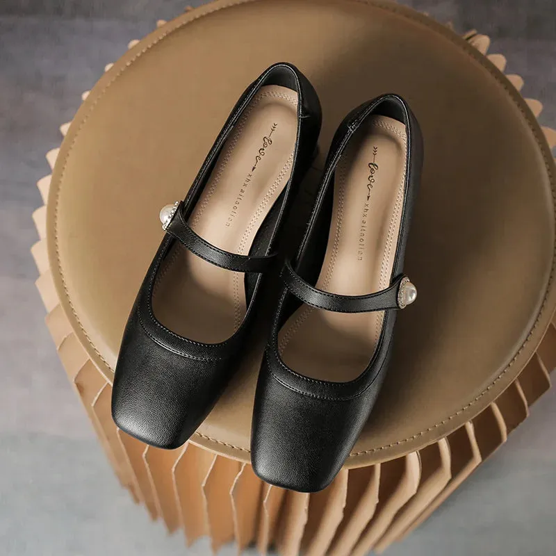 Amozae-Chunky Heel Women Mary Jane Shoes Pearl Square Head High Heels Comfy Casual Office Shoes for Women Leather Fashion Mary Jane