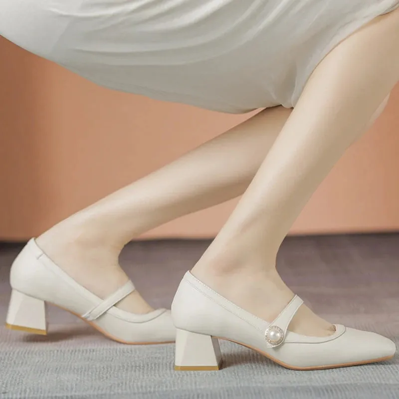 Amozae-Chunky Heel Women Mary Jane Shoes Pearl Square Head High Heels Comfy Casual Office Shoes for Women Leather Fashion Mary Jane