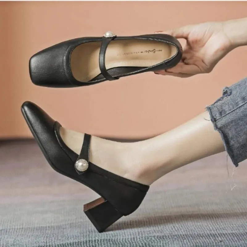 Amozae-Chunky Heel Women Mary Jane Shoes Pearl Square Head High Heels Comfy Casual Office Shoes for Women Leather Fashion Mary Jane