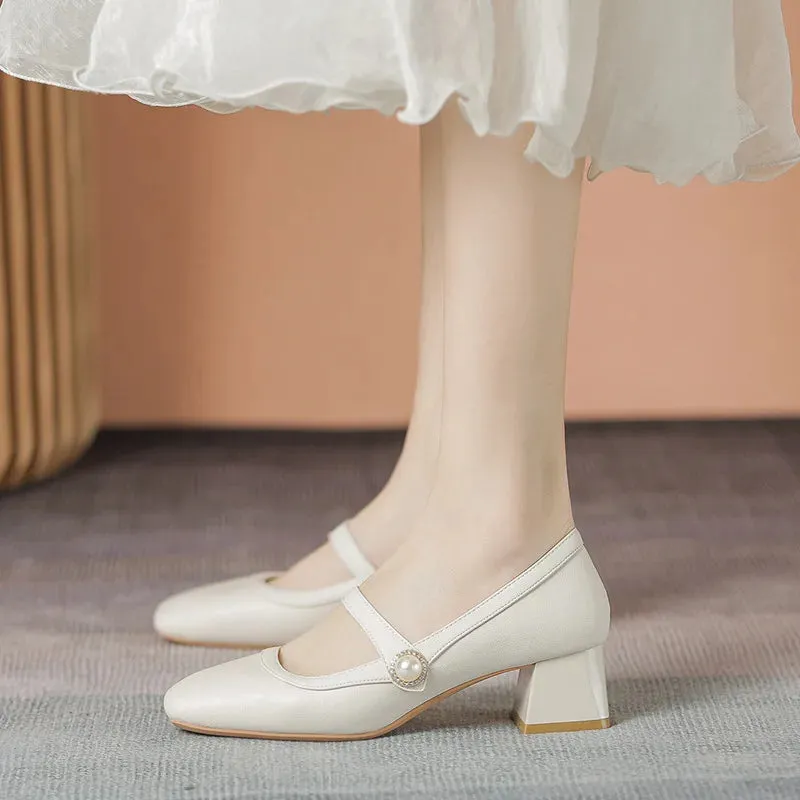 Amozae-Chunky Heel Women Mary Jane Shoes Pearl Square Head High Heels Comfy Casual Office Shoes for Women Leather Fashion Mary Jane
