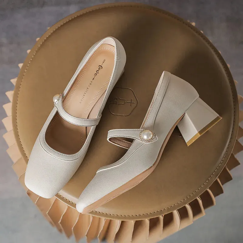 Amozae-Chunky Heel Women Mary Jane Shoes Pearl Square Head High Heels Comfy Casual Office Shoes for Women Leather Fashion Mary Jane