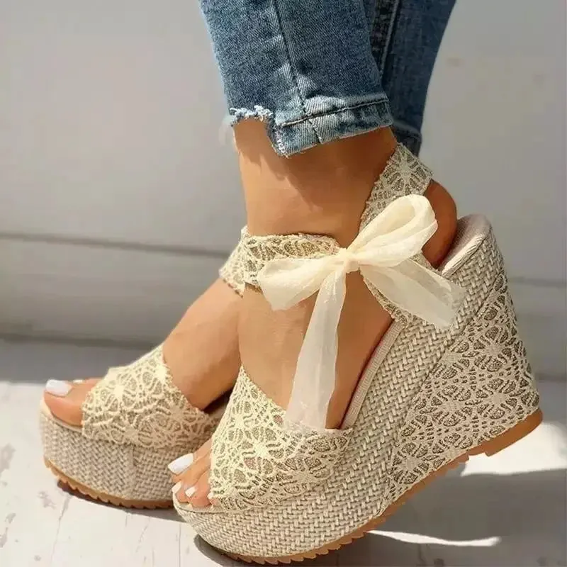 Amozae-Hot Lace Leisure Women Wedges Heeled Women Shoes 2022 Summer Sandals Party Platform High Heels Shoes Woman