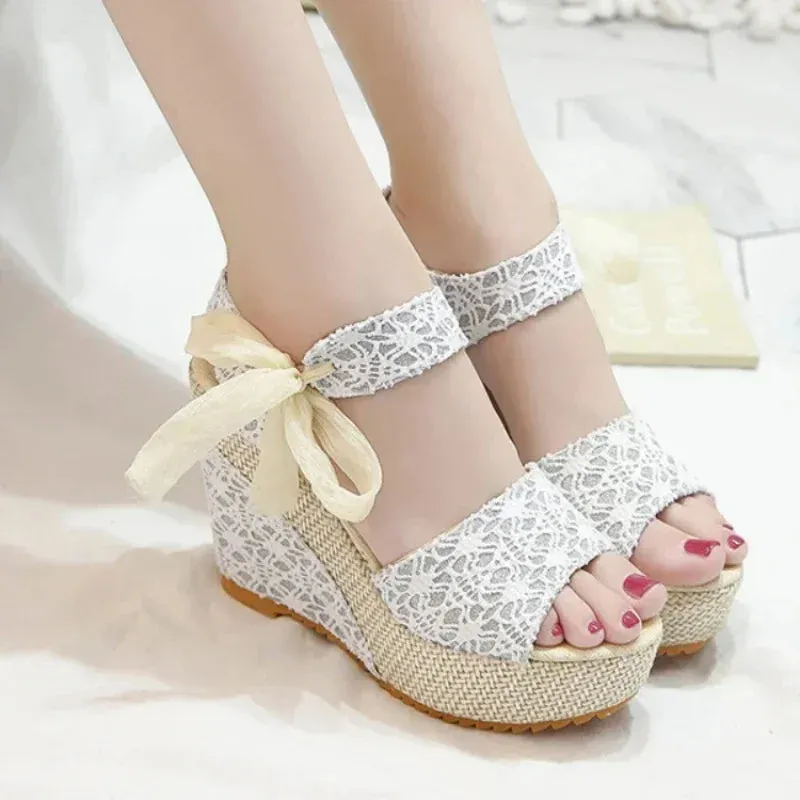 Amozae-Hot Lace Leisure Women Wedges Heeled Women Shoes 2022 Summer Sandals Party Platform High Heels Shoes Woman