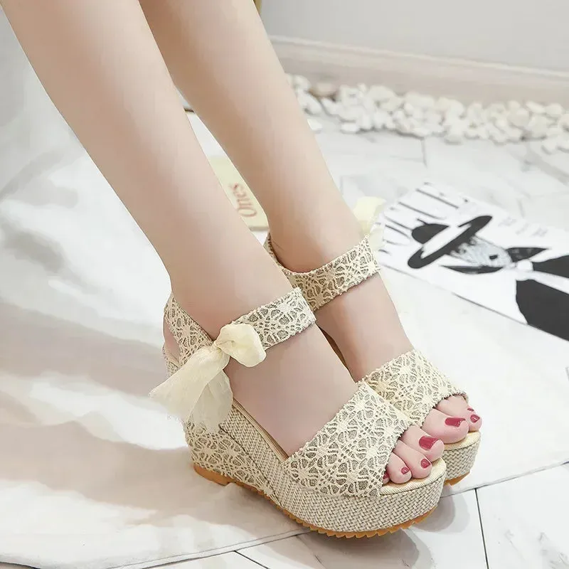 Amozae-Hot Lace Leisure Women Wedges Heeled Women Shoes 2022 Summer Sandals Party Platform High Heels Shoes Woman