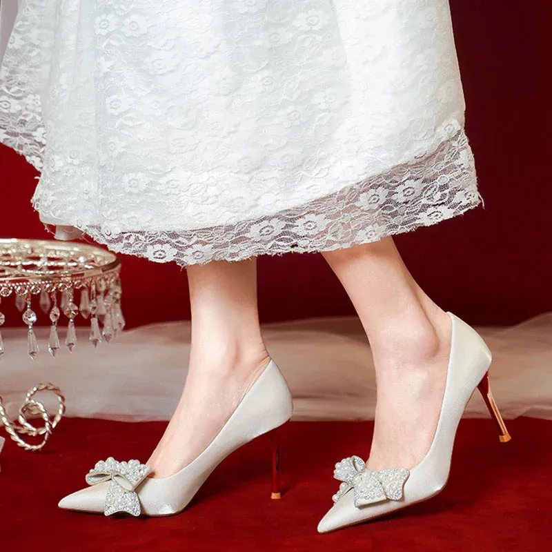AMOZAE- -  Luxury Pearl Bowknot Wedding Bridal Shoes for Women