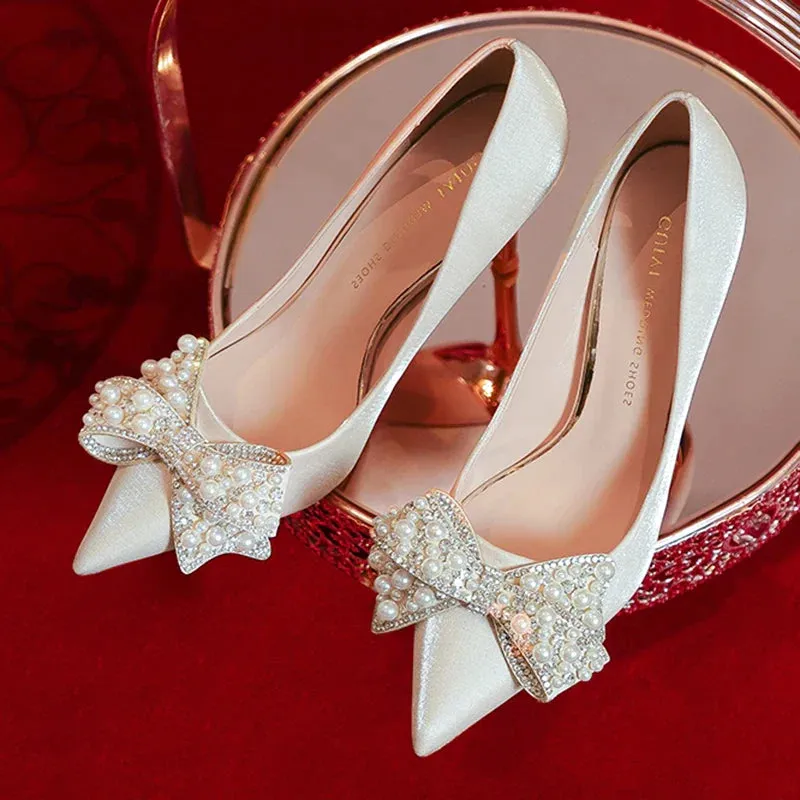 AMOZAE- -  Luxury Pearl Bowknot Wedding Bridal Shoes for Women