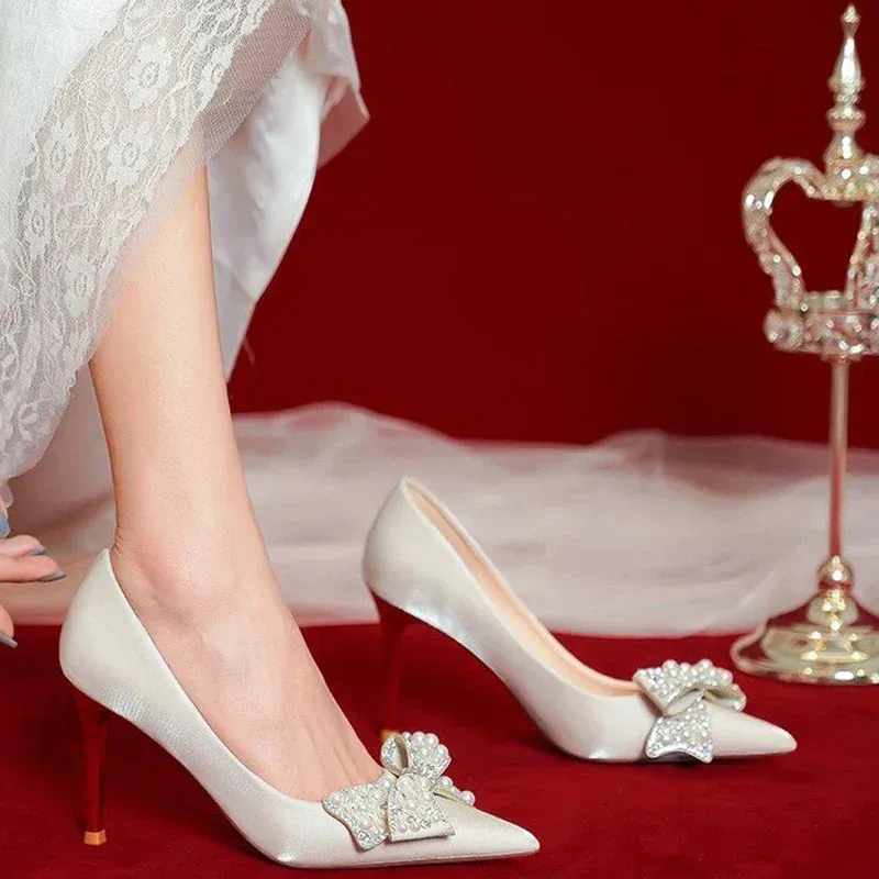 AMOZAE- -  Luxury Pearl Bowknot Wedding Bridal Shoes for Women