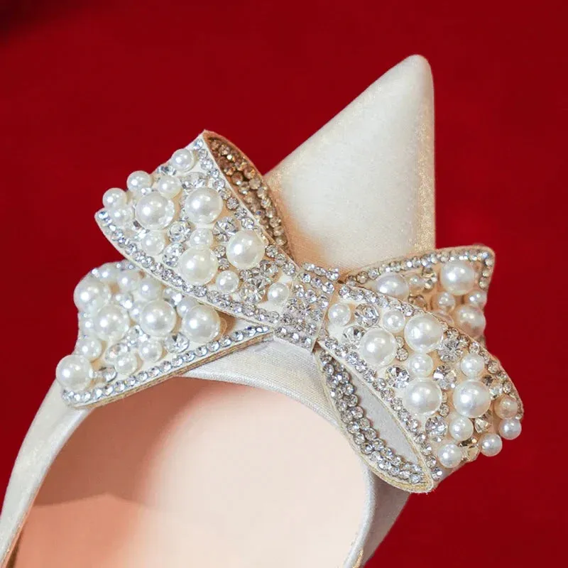 AMOZAE- -  Luxury Pearl Bowknot Wedding Bridal Shoes for Women
