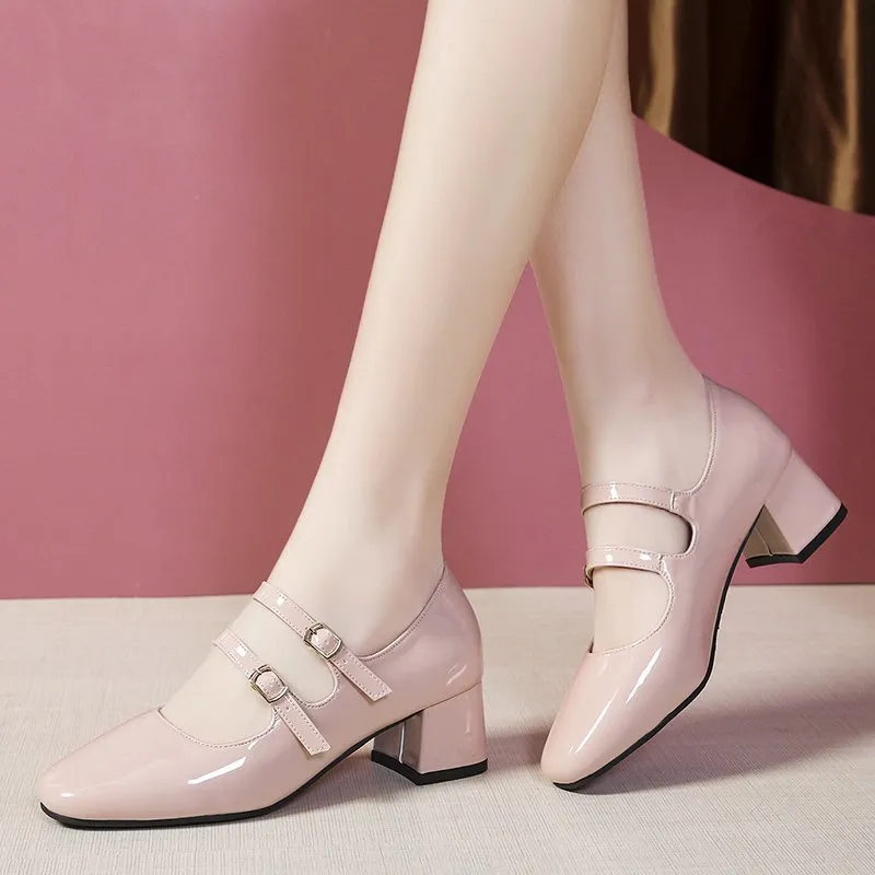 Amozae- Spring Autumn Women Double Buckle Mary Janes Shoes Patent Leather Dress Shoes High Heels Pumps Retro Ladies Shoe Black Red