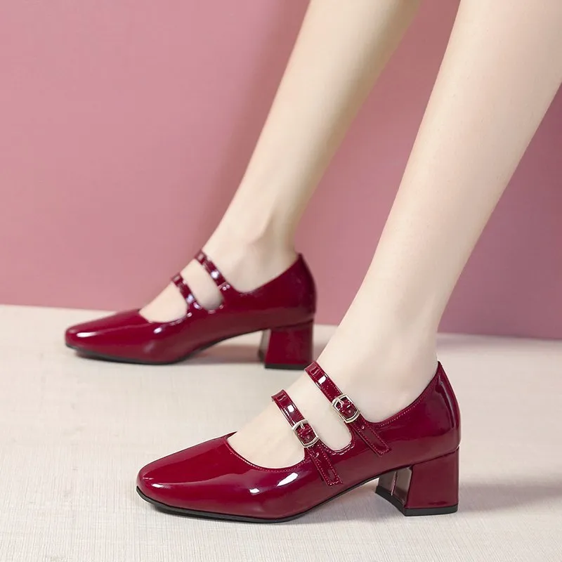 Amozae- Spring Autumn Women Double Buckle Mary Janes Shoes Patent Leather Dress Shoes High Heels Pumps Retro Ladies Shoe Black Red