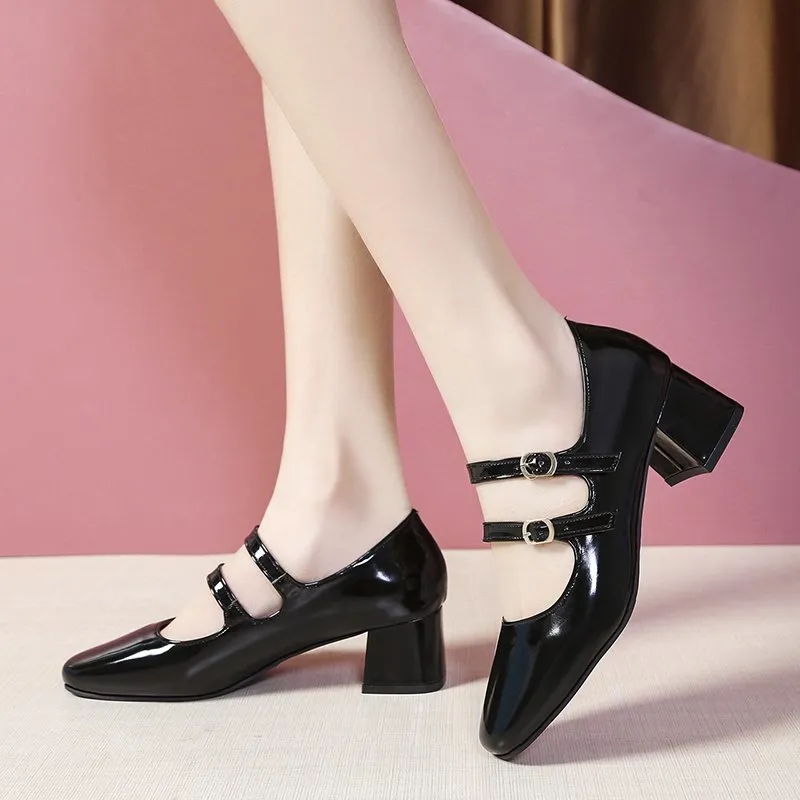 Amozae- Spring Autumn Women Double Buckle Mary Janes Shoes Patent Leather Dress Shoes High Heels Pumps Retro Ladies Shoe Black Red