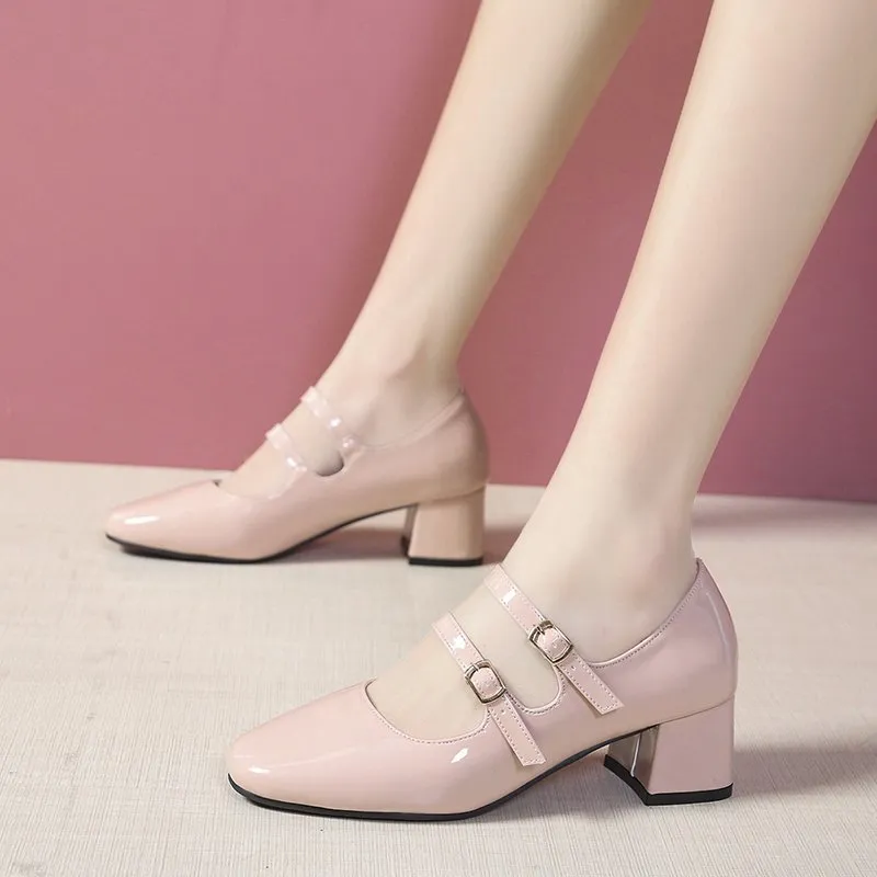 Amozae- Spring Autumn Women Double Buckle Mary Janes Shoes Patent Leather Dress Shoes High Heels Pumps Retro Ladies Shoe Black Red