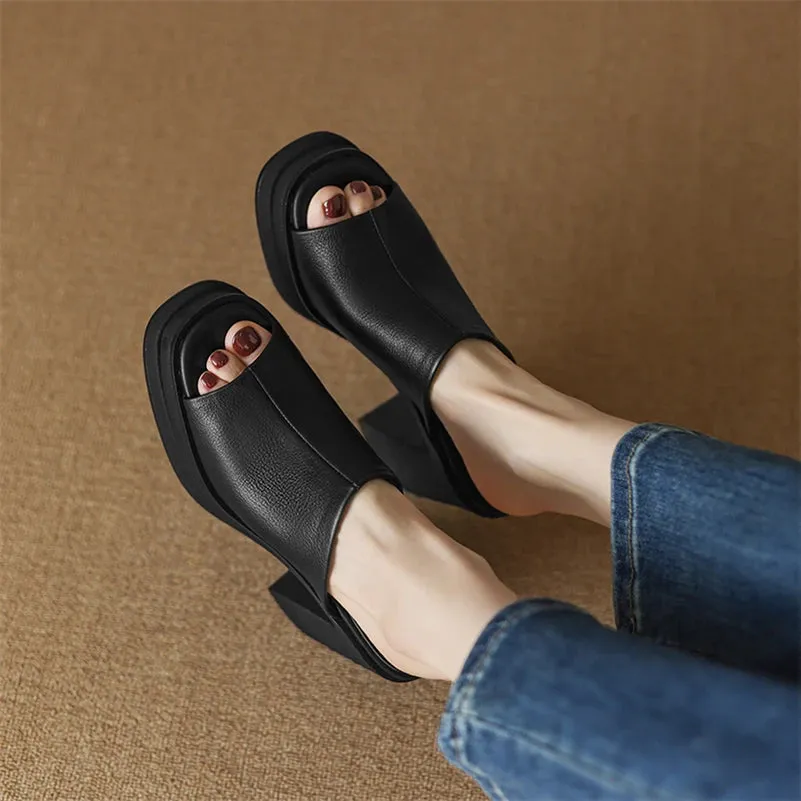 Amozae-Women Genuine Leather Shoes Peep Toe Platform Chunky High Heel Slides Ladies Fashion Casual Slippers Summer Spring Brown