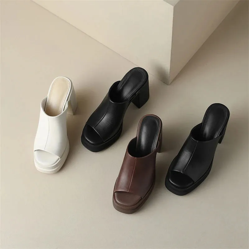 Amozae-Women Genuine Leather Shoes Peep Toe Platform Chunky High Heel Slides Ladies Fashion Casual Slippers Summer Spring Brown