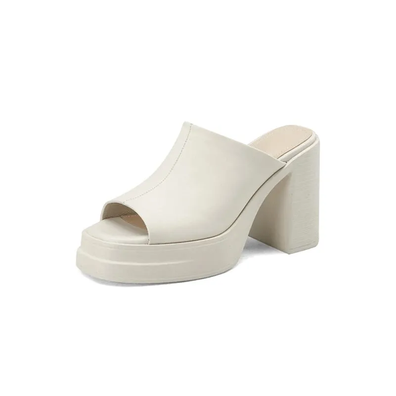 Amozae-Women Genuine Leather Shoes Peep Toe Platform Chunky High Heel Slides Ladies Fashion Casual Slippers Summer Spring Brown
