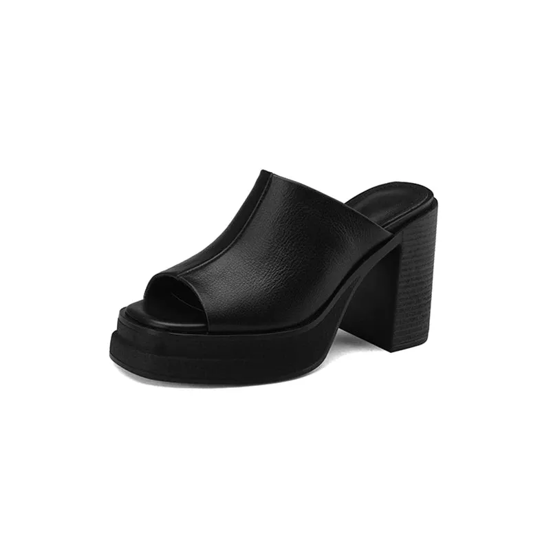 Amozae-Women Genuine Leather Shoes Peep Toe Platform Chunky High Heel Slides Ladies Fashion Casual Slippers Summer Spring Brown
