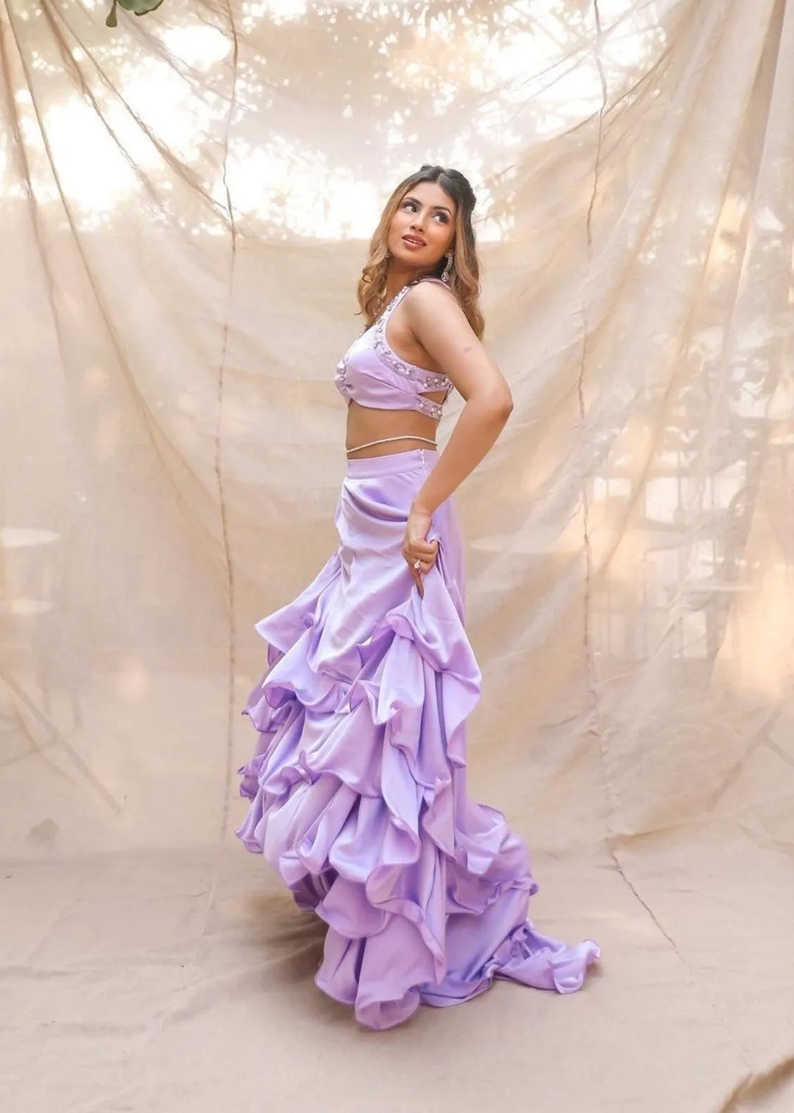 Aqsa Polka Dot Satin Tiered Lehenga Fit Sample