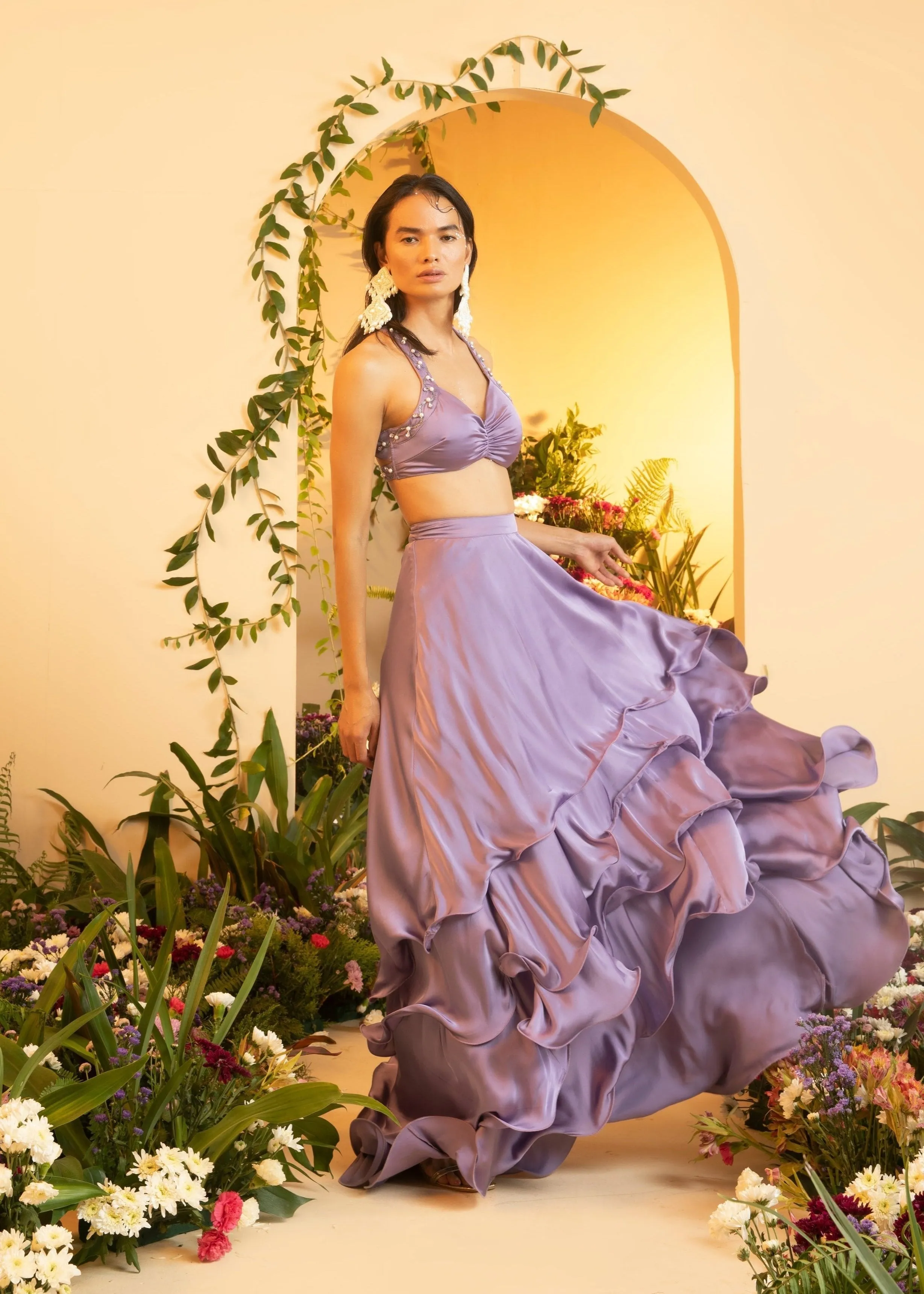 Aqsa Polka Dot Satin Tiered Lehenga Fit Sample