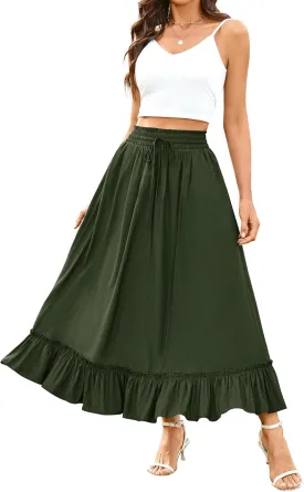 Arolina Womens Summer Boho Flowy Tiered Maxi Skirt 2025 Fashion Elastic Waist Pleated Long Beach Dress with Pockets